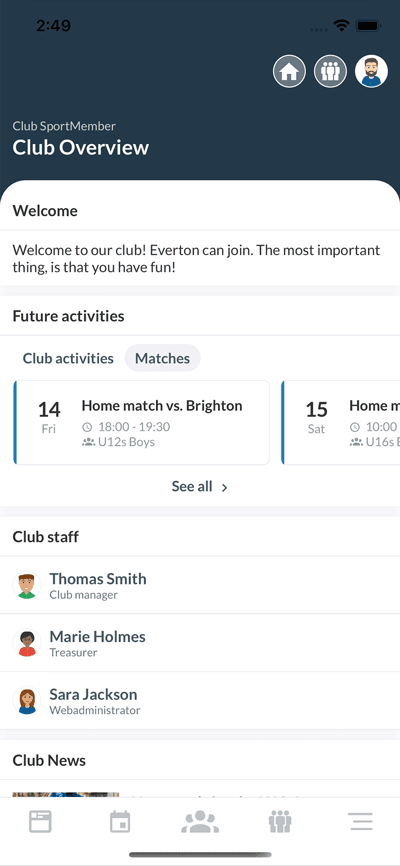 Club overview in the SportMember app with future activities, club staff and club news