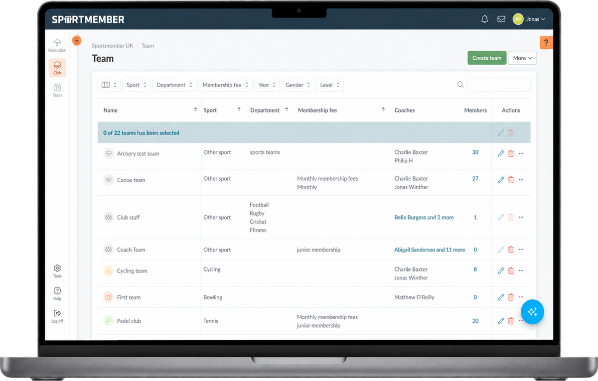 The club’s teams in SportMember on the computer with sport, department, coaches and members